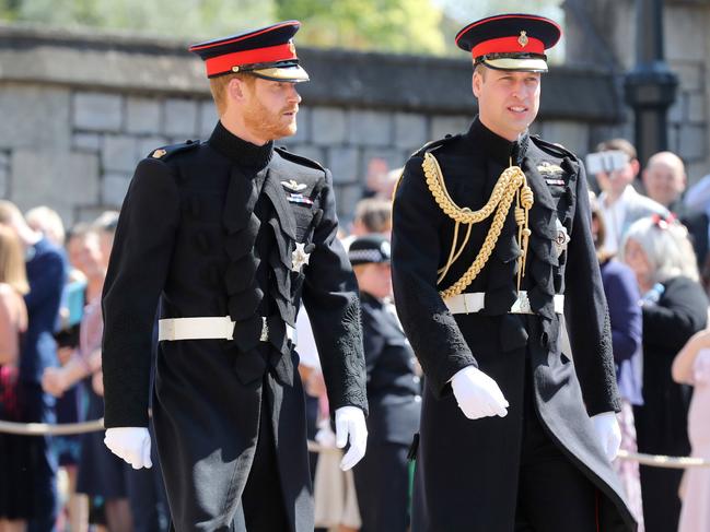 Prince Harry on his wedding day with his best man, Prince William. Picture: Getty Images