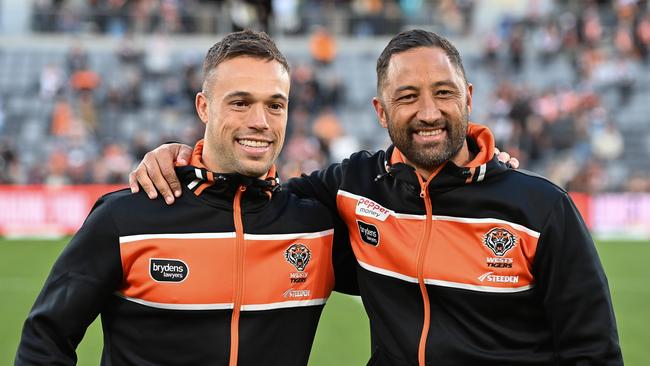 Benji Marshall says farewell to Luke Brooks of the Tigers after the round 25 NRL match between Wests Tigers and Dolphins at CommBank Stadium on August 19, 2023 in Sydney, Australia. (Photo by Izhar Khan/Getty Images)