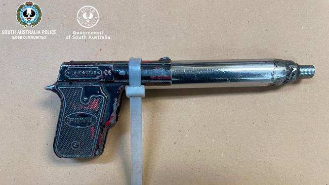 One of the crudely fashioned guns police allege they found at Mr Harradine's Smithfield property. Picture: Supplied/SA Police