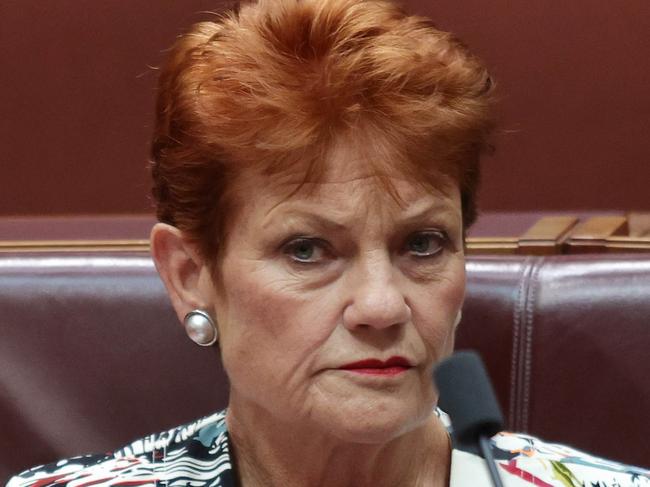 CANBERRA, AUSTRALIA-NCA NewsWire Photos FEBRUARY 24 2020: Pauline Hanson delivering a speech (on Christine Holgate, former Aus Post boss) in the Senate chamber in Parliament House in Canberra. Picture: NCA NewsWire / Gary Ramage