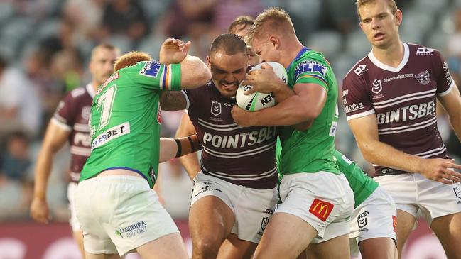 Dylan Walker was among the Sea Eagles to hobble off with an injury on Friday night. Picture: Ashley Feder/Getty Image