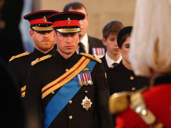 Prince William and Prince Harry arrive to stand vigil over the coffin of Queen Elizabeth II. Picture: AFP