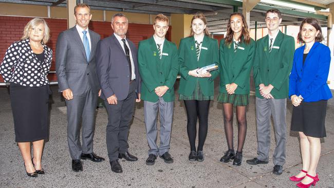 Premier Gladys Berejiklian, right, Education Minister Rob Stokes, second from left, and MP Glenn Brookes visited Picnic Point High School last Wednesday. Picture: Rafal Kontrym