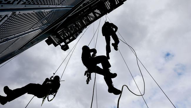 Police Search and Rescue Unit Training Course.Every 3 to 4 years the Search and Rescue squad hold a training course for police officers who hope to one day fill a vacant position in the highly sought after squad.A police officer must pass the course and yet still may have to wait up to 10 years as officers rarely leave the squad.Police undertake rope climbing training at the Melbourne Fire Brigade tower in Richmond, Melbourne.Picture:Ian Currie