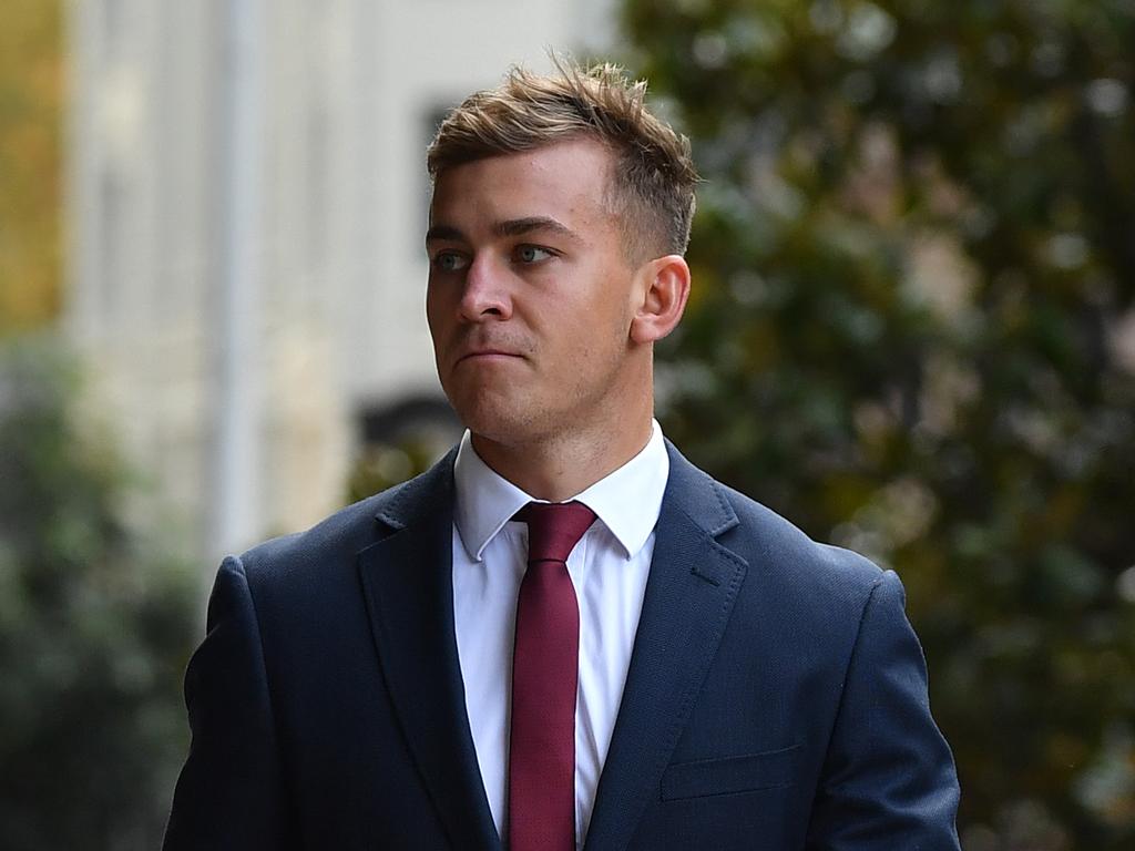 SYDNEY, AUSTRALIA – NewsWire Photos APRIL, 28, 2021: Callan Sinclair returns during a makes a break at the Downing Centre Court in Sydney. Picture: NCA NewsWire/Joel Carrett