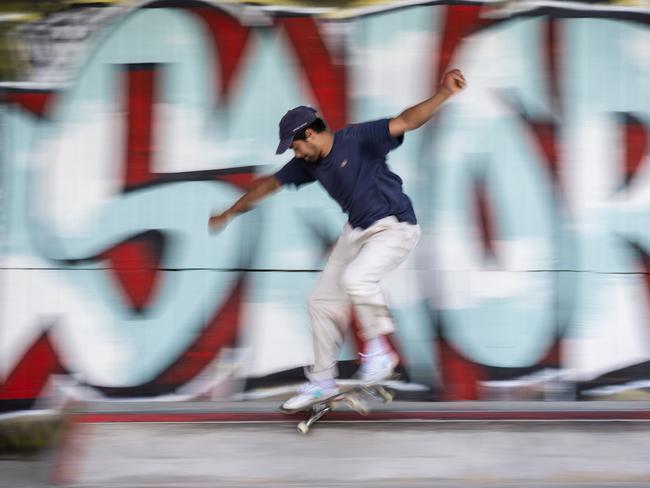 A skateboarders in action at a skate park in Hackney East London. Picture: Getty