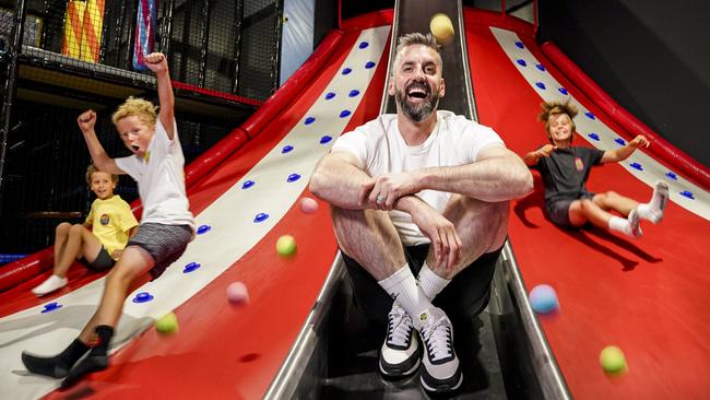 Josh Baker, co-owner of Funtopia at Sefton Park with Max, 8, Cooper, 9, and Charlie, 11. Picture: Mike Burton