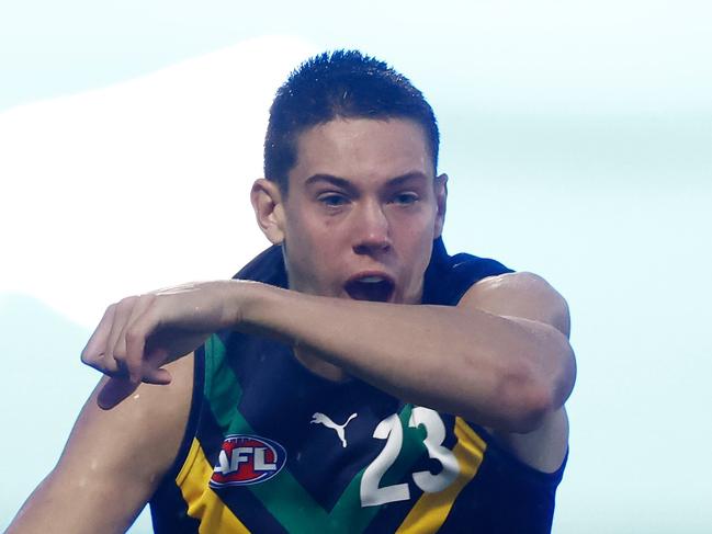 ADELAIDE, AUSTRALIA - APRIL 15: Connor O'Sullivan of the AFL Academy in action during the match between the AFL Academy and Port Adelaide Magpies at Summit Sports Park on April 15, 2023 in Adelaide, Australia. (Photo by Michael Willson/AFL Photos)