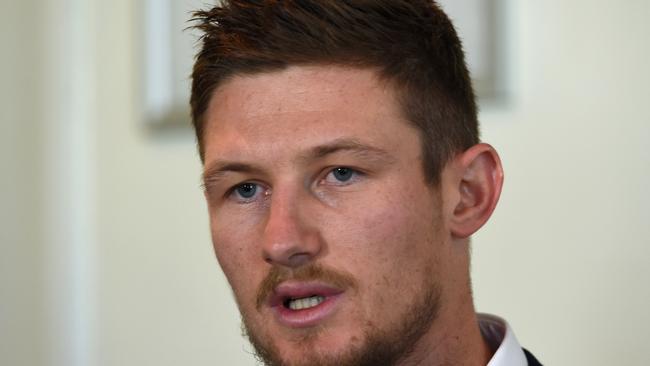 An emotional Cameron Bancroft at a press conference at Perth’s WACA Ground on Thursday.