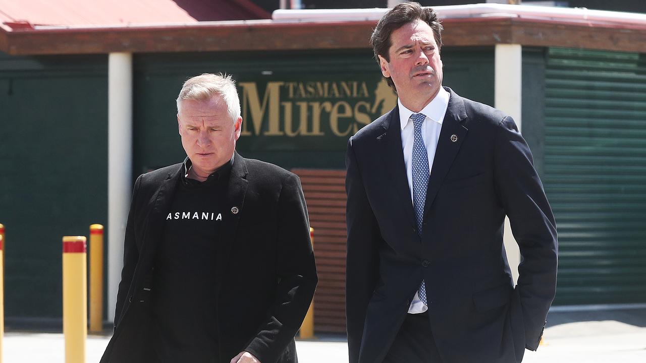 Tasmanian Premier Jeremy Rockliff with AFL CEO Gill McLachlan in Hobart ahead of a decision for Tasmania's own AFL team. Picture: Nikki Davis-Jones