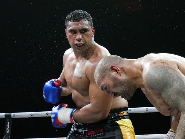 Tevita Pangai Jr Jnr defeats Frank Amato by majority decision (57-57, 58-56, 59-56) at the Battle of the Reef fight night at the Townsville Entertainment and Convention centre, October 7 2023. Picture: Blair Jackson.