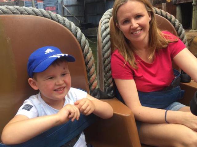 pictures of the Costelloe family on the Thunder River Rapids ride at Dreamworld. Alison Costelloe with her son Fletcher 4. Picture: SUPPLIED.