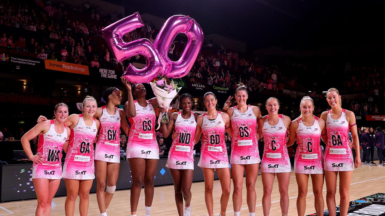 Latanya Wilson of the Adelaide Thunderbirds with teammates after her 50th game. (Photo by Sarah Reed/Getty Images)