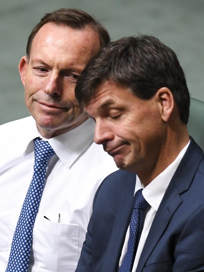 Former prime minister Tony Abbott speaks to Liberal MP Angus Taylor during the shortened House of Representatives session on Thursday.