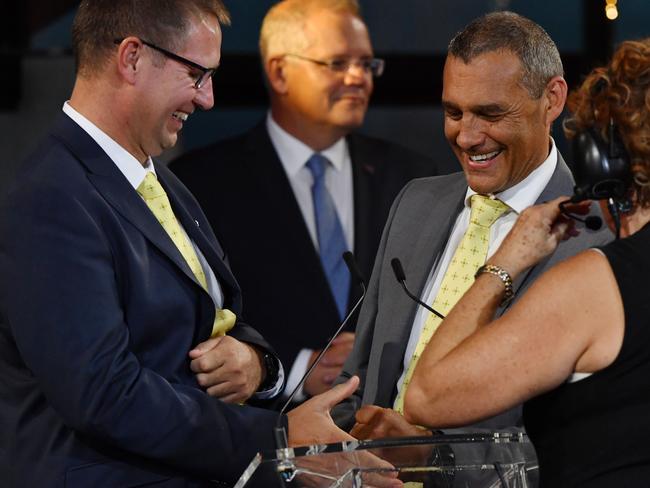 2019 Australians of the Year Dr Richard Harris and Craig Challen play rock scissors rock to see who speaks first at the 2019 Australian of the Year Awards. Picture: AAP