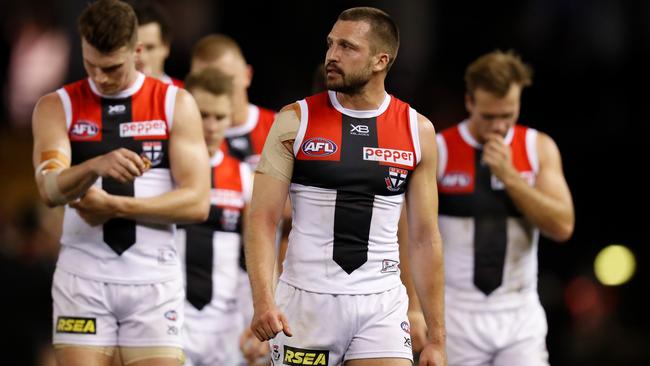 Jarryn Geary leads St Kilda off after the loss to Essendon.