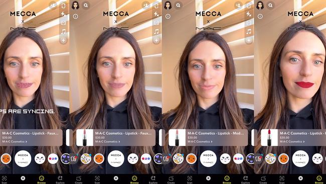 Screenshots from Mecca and MAC's cosmetic campaign using Snapchat Lens.