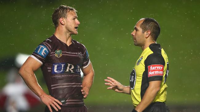 Ashley Klein and DCE during a Manly game in 2017. (Photo by Cameron Spencer/Getty Images)