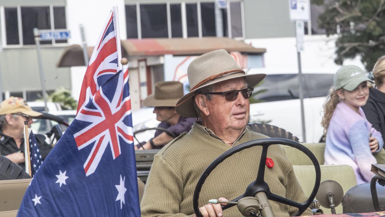 Bill Fischer. Assembly in Neil St for the mid morning parade on ANZAC DAY. Tuesday, April 25, 2023. Picture: Nev Madsen.