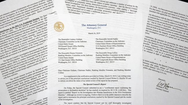 A copy of a letter from Attorney-General William Barr advising Congress of the principal conclusions reached by Special Counsel Robert Mueller. Picture: AP 