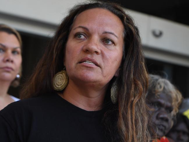 Munupi Antonia Burke speaks on the steps of Darwin Supreme Court as her people try to block Santos in the Federal Court. Picture: (A)manda Parkinson