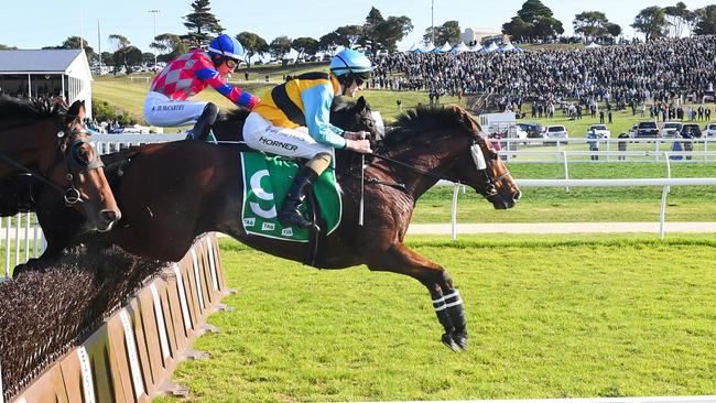 Count Zero and Darryl Horner Jr clear a steeple on their way to winning the Grand Annual Steeplechase at Warrnambool on Thursday. Picture: Pat Scala/Racing Photos via Getty Images