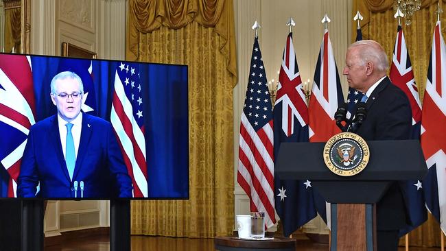 US President Joe Biden, right, and Scott Morrison during the AUKUS announcement. Picture: AFP