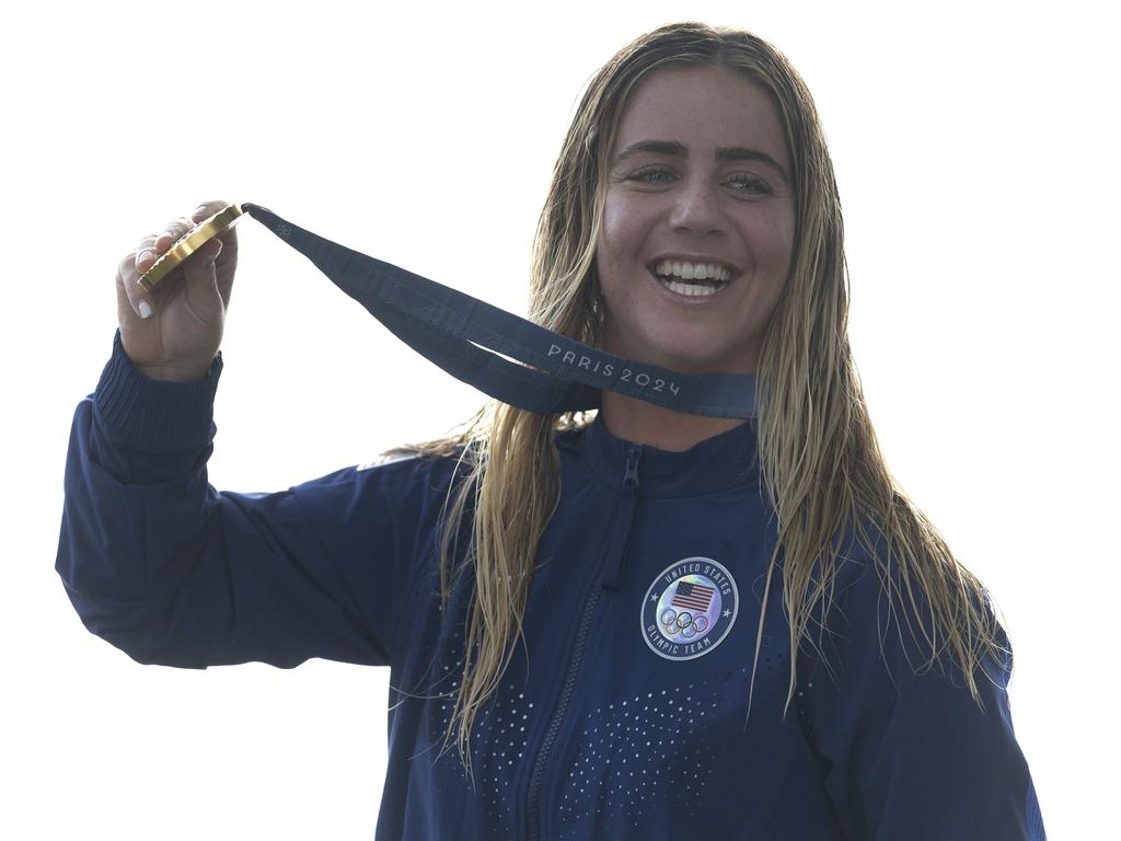 Caroline Marks with her gold medal in Teahupo’o. Picture: Sean M. Haffey/Getty Images