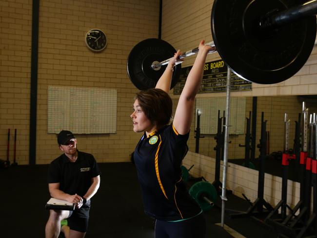 Kate Vaughan in training at Fitness Factory in Annandale, with her trainer James ZG Buckley. Picture: Craig Wilson