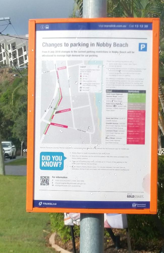 One of the new Nobby Beach parking signs explaining the changes that come into effect from July 9.