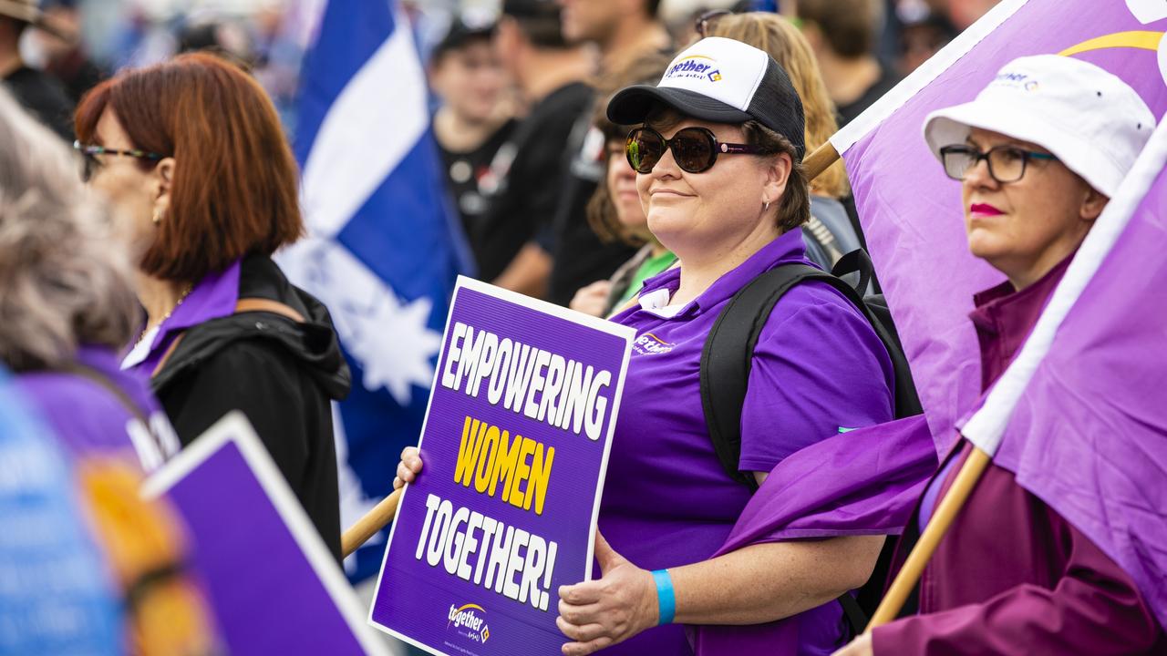 Kirsty-Lee Kahler shows support for the Together trade union at the Labour Day 2022 Toowoomba march, Saturday, April 30, 2022. Picture: Kevin Farmer