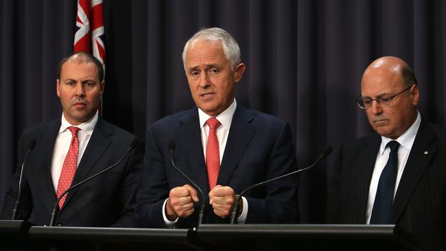 Minister for the Environment and Energy Josh Frydenberg, with PM Malcolm Turnbull, Minister for Industry, Innovation and Science, Senator Arthur Sinodinos at a press conference at Parliament House in Canberra after a roundtable with the Gas Industry. Picture Kym Smith