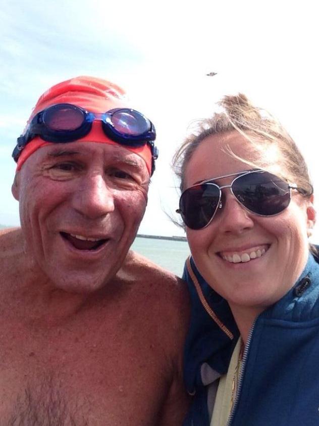 A Twitter image of Cyril Baldock as he swims the English Channel, preparing for the task with his daughter. Picture: Twitter/Cyril Baldock