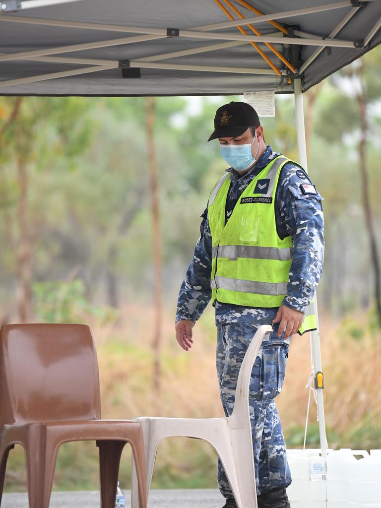 ADF personal assist NT Police at the southern border control point in Katherine. Picture: Amanda Parkinson