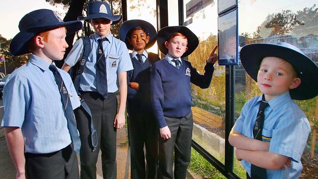 Matt Caesar, Jarrod Parker, Varun Rathakrishnan, Ben Caesar, Daniel Caesar from Rouse Hill Anglican College at the bus stand in Glenwood. Pictures: Phil Rogers