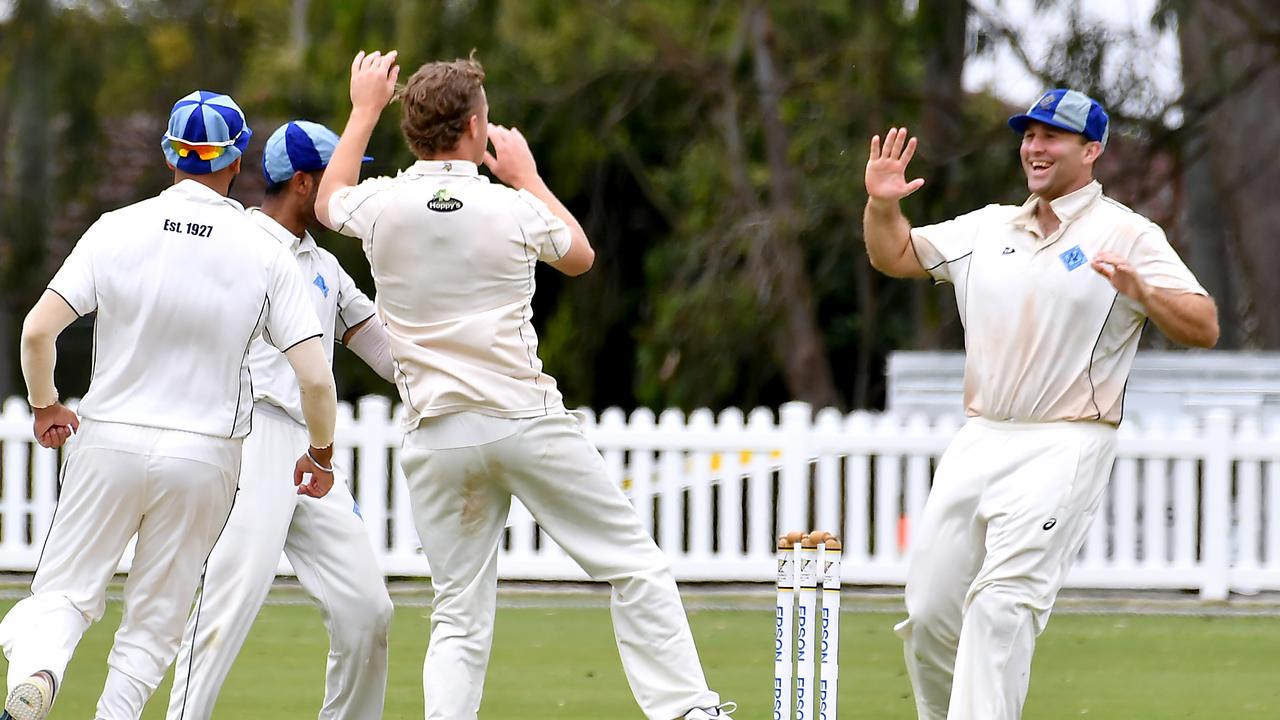 Norths players celebrate a wicket Sci-Fleet Motors club cricket competition between Valley and Norths Saturday October 1, 2022. Picture, John Gass