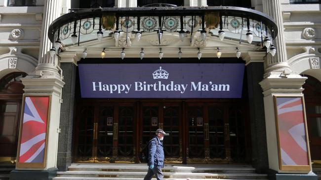 An electronic sign above the entrance to the London Palladium theatre, closed-down due to COVID-19, wishes the Queen a happy birthday. Picture: AFP.