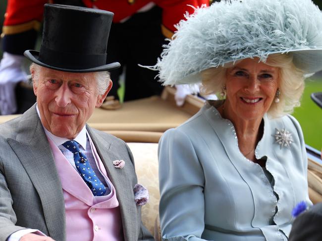 ASCOT, ENGLAND - JUNE 21: King Charles III and Queen Camilla arrive for Royal Ascot 2024 at Ascot Racecourse on June 21, 2024 in Ascot, England. (Photo by Andrew Redington/Getty Images)