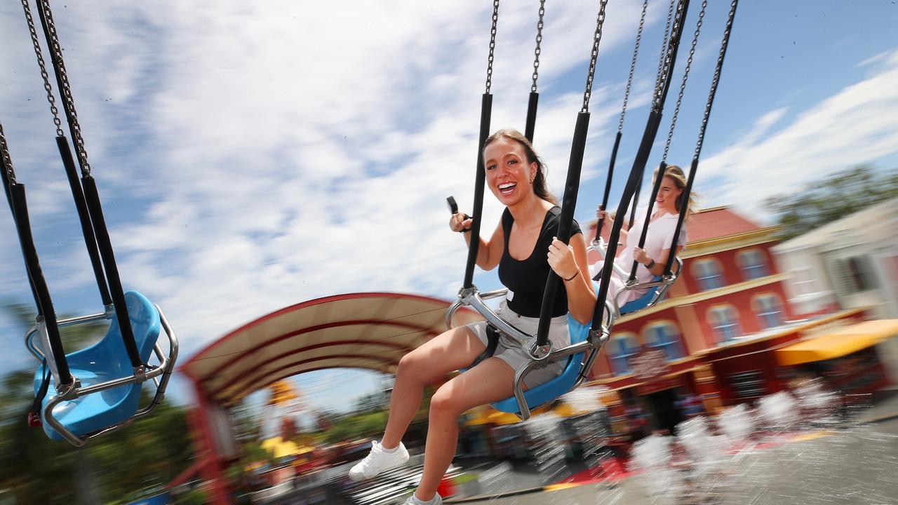 Gold Coast Bulltein journalists Tahlia Leathart and Tayla Coucaud take a first look and ride of Dreamworld’s new ride, the Dreamworld Flyer. Picture: Glenn Hampson.