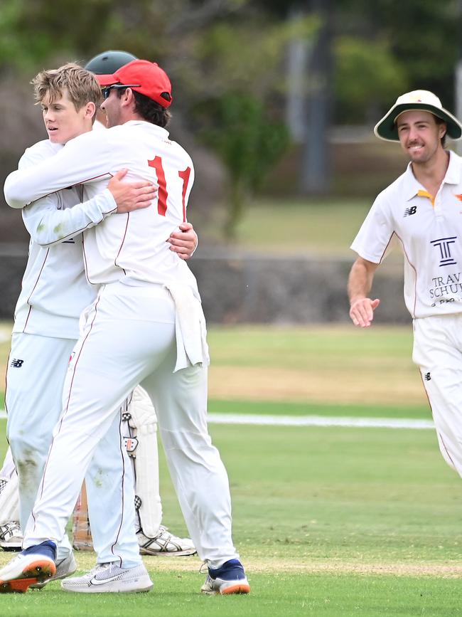 SC get a wicket Second grade club cricket South Brisbane v Sunshine Coast at Venner Rd, Fairfield. Saturday October 7, 2023. Picture, John Gass