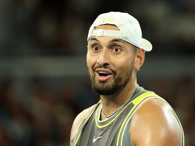 MELBOURNE, AUSTRALIA - JANUARY 16: Nick Kyrgios of Australia reacts with teammate Thanasi Kokkinakis of Australia in the Men's Doubles First Round match against James Duckworth and Aleksandar Vukic of Australia during day five of the 2025 Australian Open at Melbourne Park on January 16, 2025 in Melbourne, Australia. (Photo by Cameron Spencer/Getty Images)