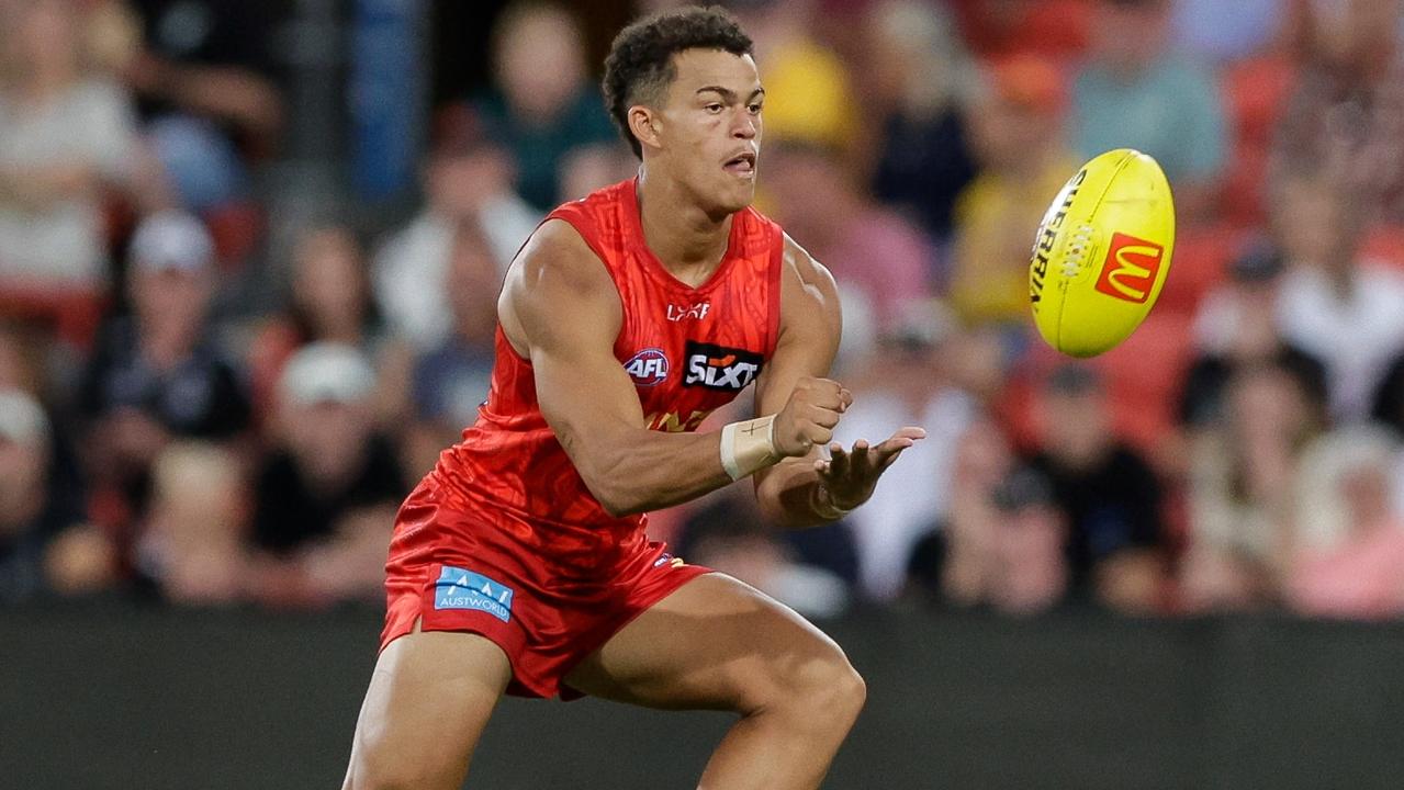 Leo Lombard of the Suns in action during the 2025 AFL Match Simulation between Brisbane Lions and the Gold Coast Suns at People First Stadium. (Photo by Russell Freeman/AFL Photos via Getty Images)