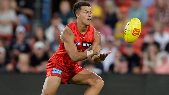 Leo Lombard of the Suns in action during the 2025 AFL Match Simulation between Brisbane Lions and the Gold Coast Suns at People First Stadium. (Photo by Russell Freeman/AFL Photos via Getty Images)