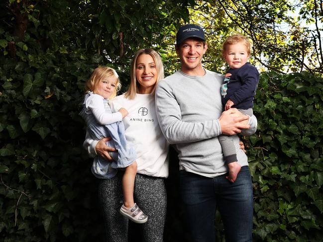 Tim Paine at home with wife Bonnie and kids Charlie and Milla. Picture: Nikki Davis-Jones