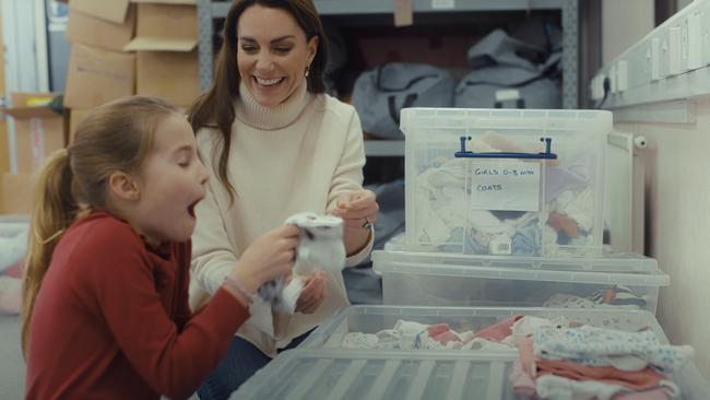 The Princess of Wales launches Christmas Baby Banks initiative - 12 December 2023. , Princess of Wales Kate Middleton, Prince George, Princess Charlotte and Prince Louis help out at the Baby Bank in Maidenhead, UK., Picture: Kensington Palace/Youtube