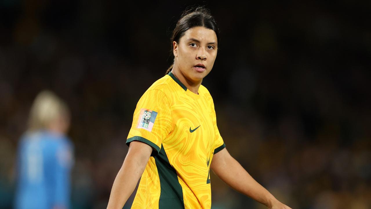 SYDNEY, AUSTRALIA - AUGUST 16: Sam Kerr of Australia reacts during the FIFA Women's World Cup Australia &amp; New Zealand 2023 Semi Final match between Australia and England at Stadium Australia on August 16, 2023 in Sydney, Australia. (Photo by Catherine Ivill/Getty Images)