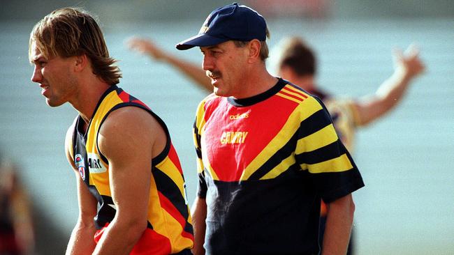 Crows coach Malcolm Blight with full forward Tony Modra during training at Football Park in March 1997.