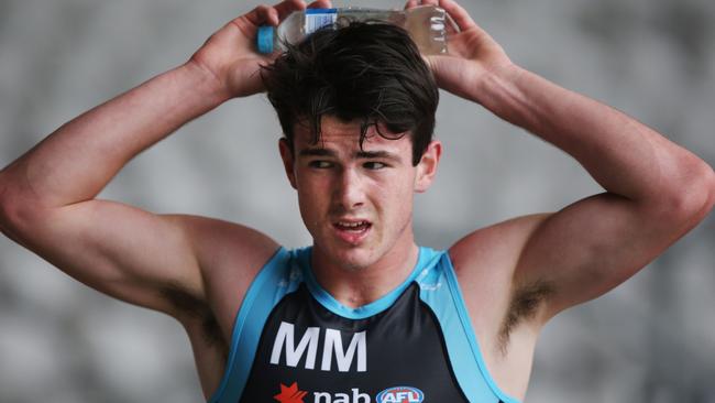 Andrew Brayshaw shows the pain after competing in the Yo-Yo run during the AFL Draft Combine at Etihad Stadium last month. Picture: Michael Dodge