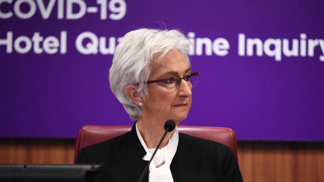 The Honourable Jennifer Coate speaks during the COVID-19 hotel quarantine inquiry in Melbourne. Picture: Getty Images