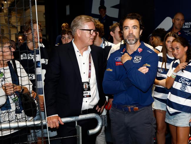 \Cats CEO Steve Hocking and Geelong coach Chris Scott at GMHBA Stadium in Round 1. Picture: Michael Willson/AFL Photos via Getty Images.